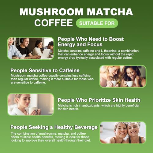 Mushroom Coffee,10 Adaptogenic Mushrooms With Matcha Powder MCT Oil, Hydrolyzed Collagen, Instant Coffee with Lion's Mane, Chaga, Cordyceps, L-Theanine for Energy, Focus, Digestion and Immunity, 160G