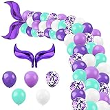 Juego de decoración de sirena: 15 globos morados, 15 globos púrpura, 10 globos blancos, 10 globos azules, 10 globos de confeti lila, 2 globos redondos de sirena (45 cm), 2 cintas, 1 punto de globo, 1 cadena de globo. Tamaño después de inflarlo: aprox. 30 cm.