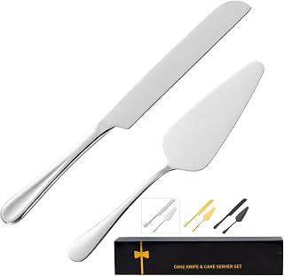 ERVILO Stainless Steel Cake Knife & Server Set - Silver Polished, Dishwasher Safe for Weddings, Birthdays, Parties (10.5in Knife, 8.8in Server)