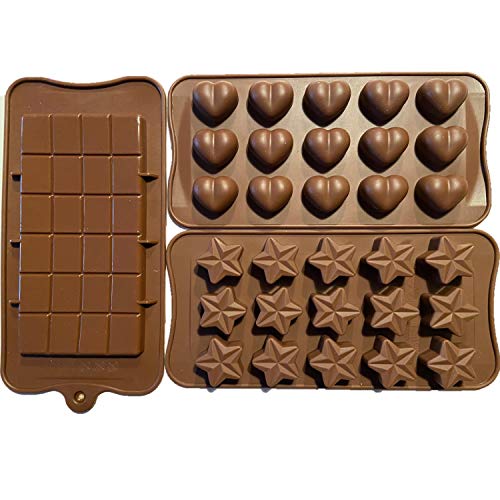 3 Pack of Chocolate Candy Molds - Heart Molds For Chocolate - Mini Chocolate Bar Mold - Candy Bar Molds - Candy & Chocolate Molds - Heart Candy Molds - Heart Shaped Silicone Mold - Star Silicone Mold