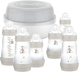 MAM Easy Start Bottle & Microwave Steriliser Set, Comes with 6x MAM Easy Start Self Sterilising Anti-Colic Baby Bottles, BPA Free Bottle Steriliser for Babies