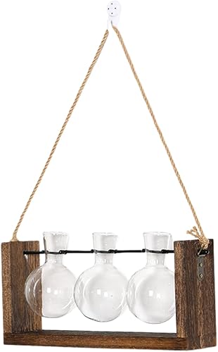 Miniatura 8 de MSUIINT Terrario para plantas con soporte de madera retro, maceta de vidrio para colgar en la pared, 3 jarrones de propagación de mesa con soporte