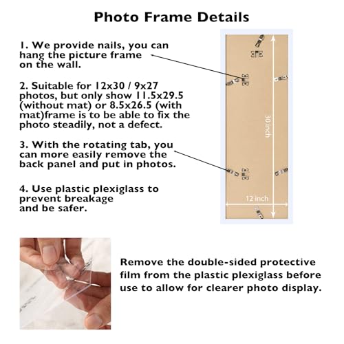 Image of JCJMY 12x30 Picture Frame with 9x27 Mat, Display Photo 9x27 with Mat or 12 x 30 Without Mat, Wall Hanging Large 12 by 30 Poster Frame with Plexiglass, White