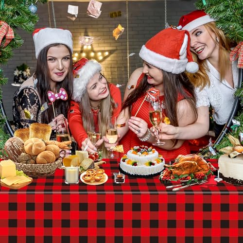 Image of Gistome 3-Piece 54 x 108 Inch Buffalo Plaid Plastic Tablecloth - Red and Black Checkered Design, Disposable Rectangle Table Cover for Dining, Birthday, Christmas, Fall and Winter Themed Decorations