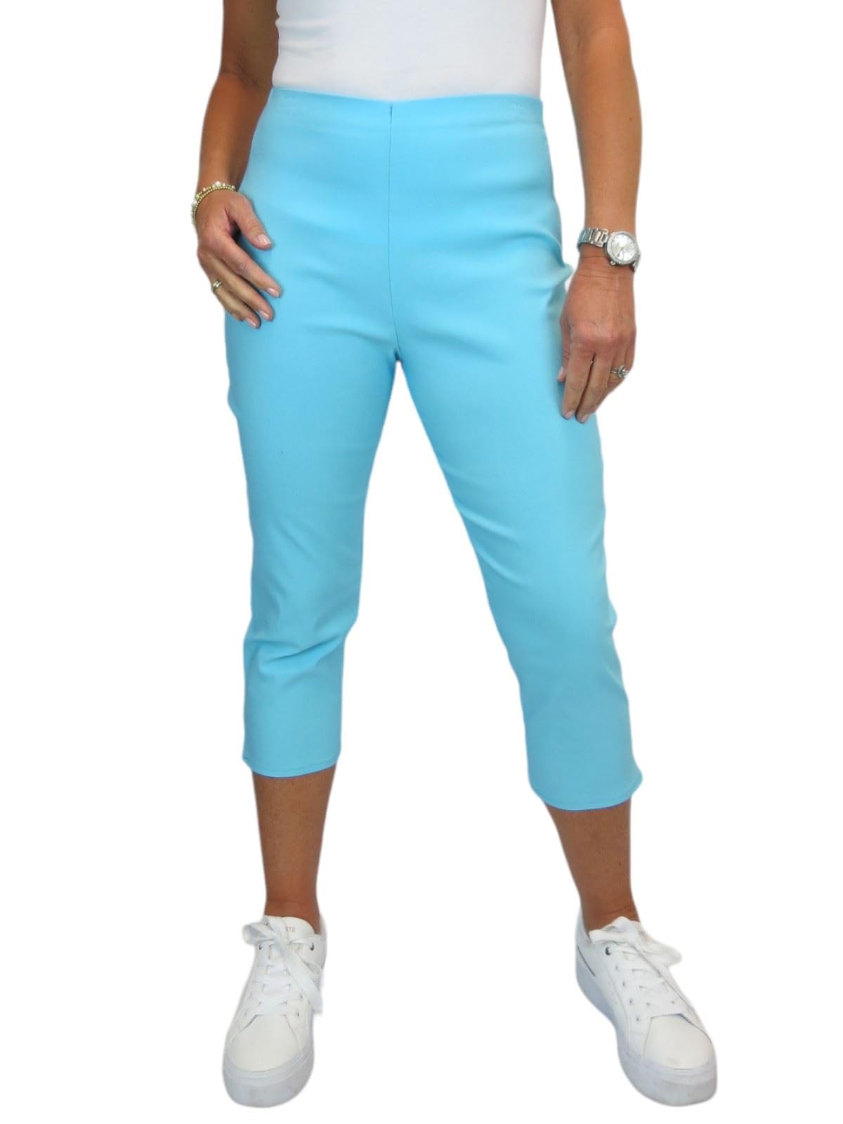 Paulo Due Women's Pull On Cropped Trousers Ladies Summer Stretch Bengaline Elasticated Waist Summer Capri Light Turquoise 8-20 (18)
