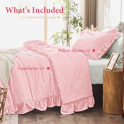 Image of JOLLYVOGUE Pink Comforter Full Size, 3 Pieces Seersucker Lightweight Full Size Bedding, All Season Fluffy Microfiber Bedding Comforter Set with 1 Ruffle Comforter and 2 Ruffle Pillowshams