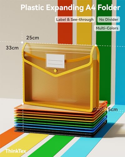 ThinkTex A4 Plastic File Folder, 5 Pcs Document Folder Transparent envelopes with Snap Closure, No Dividers, Large Capacity, Assorted Colors, for School Office Home