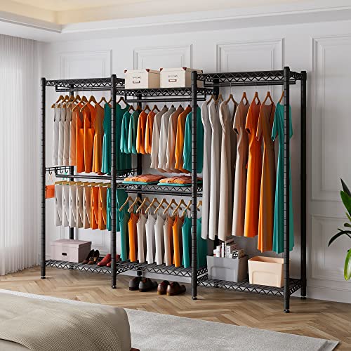 Heavy Duty Clothes Rack,Wire Garment Rack For Hanging Clothes,Multi-Functional Bedroom Clothing Rack With 5 Hanger Rod, 7 Shelves,2 Side Hooks, Extra Wide 86"W X18”D X77”H, Max Load 900Lbs, Black,Gr7 #TOP1