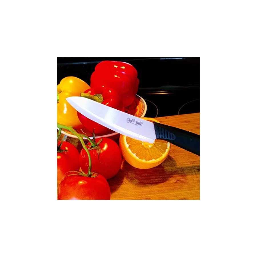 Serrated Black Ceramic Knife Set with 5" Serrated Knife. Includes 3”, 4”, 5”, 6” Ceramic Knives, Matching Sheaths and a Matching Vegetable Peeler in a Black Gift Box