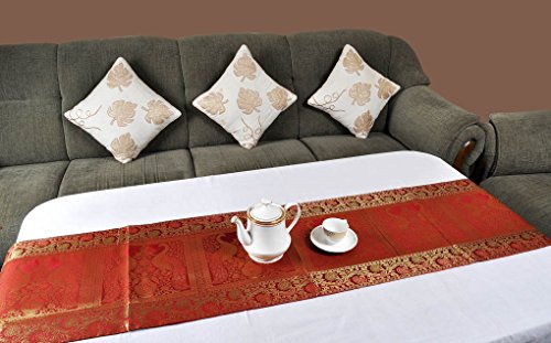 Lalhaveli Rajasthani Handmade Maroon Color Peacock Design Silk Table Runner 72 X 16 Inch #TOP2