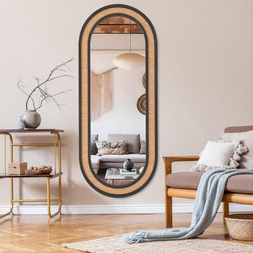 Rattan-Full-Length-Mirror-60×24-Black-Oval-Bathroom-Vanity-Mirror-Large-Hanging-Dressing-Floor-Mirror-for-Bedroom-Living-Room-Entryway-Antique-Black-No-Stand Rattan Full Length Mirror 60×24 Black Oval Bathroom Vanity Mirror Large Hanging Dressing Floor Mirror for Bedroom Living Room Entryway Antique Black No Stand