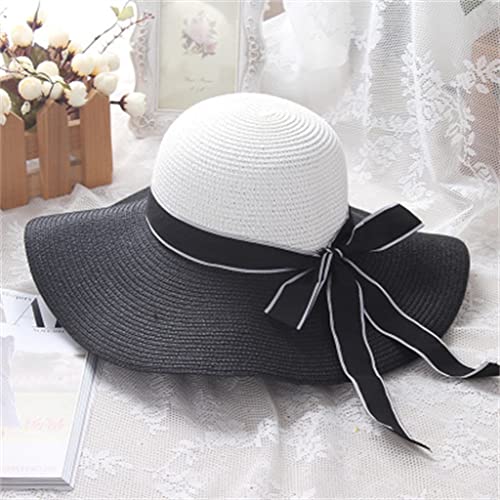 Chapeau de paille femme grand bord rigide rayé avec nœud pour protection soleil d'été