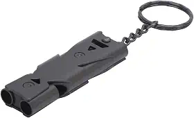 Apito de tubos duplos, apito de sobrevivência de aço inoxidável com som alto de 150 dB, chaveiro de liga metálica, para caminhadas ao ar livre, acampamento, caça, pesca, emergência