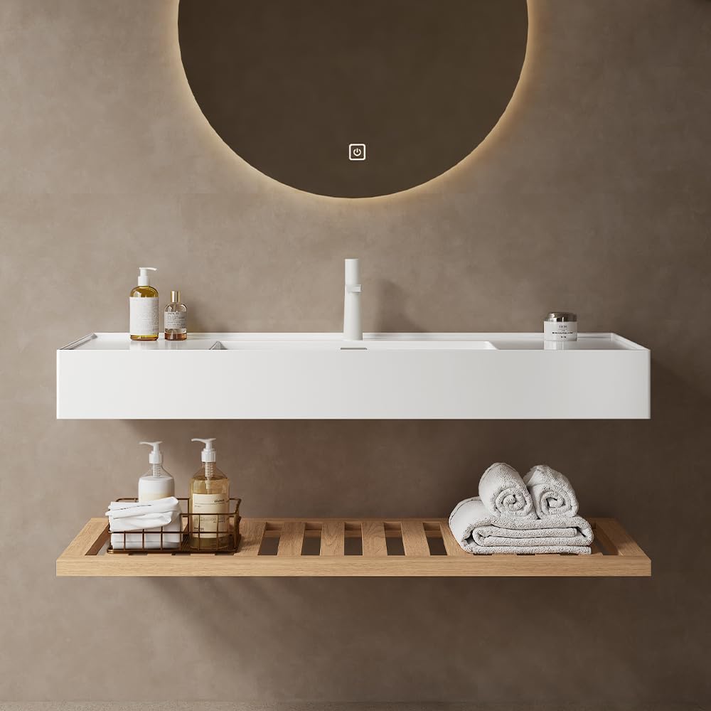 48'' Floating Vanity Bathroom with Vessel Sink, Wall Mounted Bathroom Storage Cabinet with White Rectangular Acrylic Integrated Basin, Striped Shelves Layer - Venice