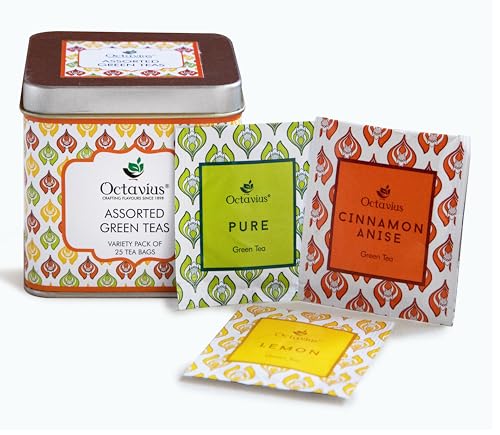 Octavius, Assorted Tea Sampler Gift Set (3 Flavors, 25 Tea Bags) | Green Tea Sampler Pack | Pack of 1