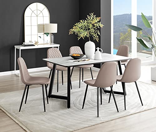 Image of Furniturebox UK - White Marble Effect Melamine Dining Table & 6 Cappuccino Corona Black Leg Chairs