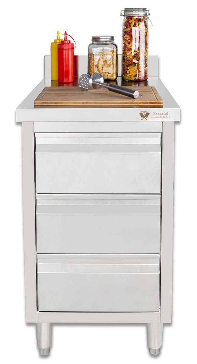 Beeketal 'BSS-70A' Gastro Küchenschrank Edelstahl mit Schubladen (B/T/H) ca. 50 x 70 x 95 cm, Schubladenschrank mit 3 Schubladen, Arbeitsfläche mit Aufkantung und fein justierbaren Standfüßen