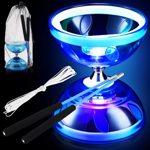 Simgoing Chinese Yoyo LED Diabolo Set Includes Colorful Diabolo Toy Light up Professional Yoyo with 2 Pieces Sticks, 1 Piece String, 1 Net Bag for Fun(Blue)