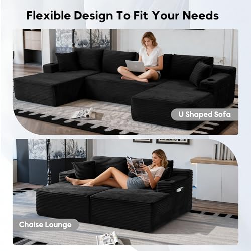 Image of Oversized Cloud Boneless Couch with Chaise, Modern Modular Sofa with Deep Seat, Corduroy Upholstered U Shaped Couch for Living Room, No Assembly Required (Black)
