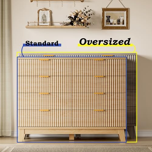 Image of BORNOON Fluted 8 Drawer Tall Dresser, 47.2 inch Wide Modern Boho Chest of Drawers, Wooden Storage Dresser TV Stand for Bedroom, Living Room, Closet, Hallway, Curved Profile Design