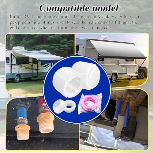 Image of 4 pcs White Plastic Low Point Drain Seals /Caps w /Sealing Ring & Teflon Tape | Fits RV, Camper, Travel Trailer 1 /2 Inch Hot & Cold Water Lines, Fit for Pex Pipe /Tubing Fittings, RV Accessories / Fittings