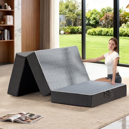 Tri Folding Mattress Single Size - 6 Inch Dual-Layer Memory Foam Foldable Mattress Portable Futon Sofa Bed with Removable Washable Cover, Handle & Non-Slip Bottom for Guest, Camping,RV,Yoga,Home Use