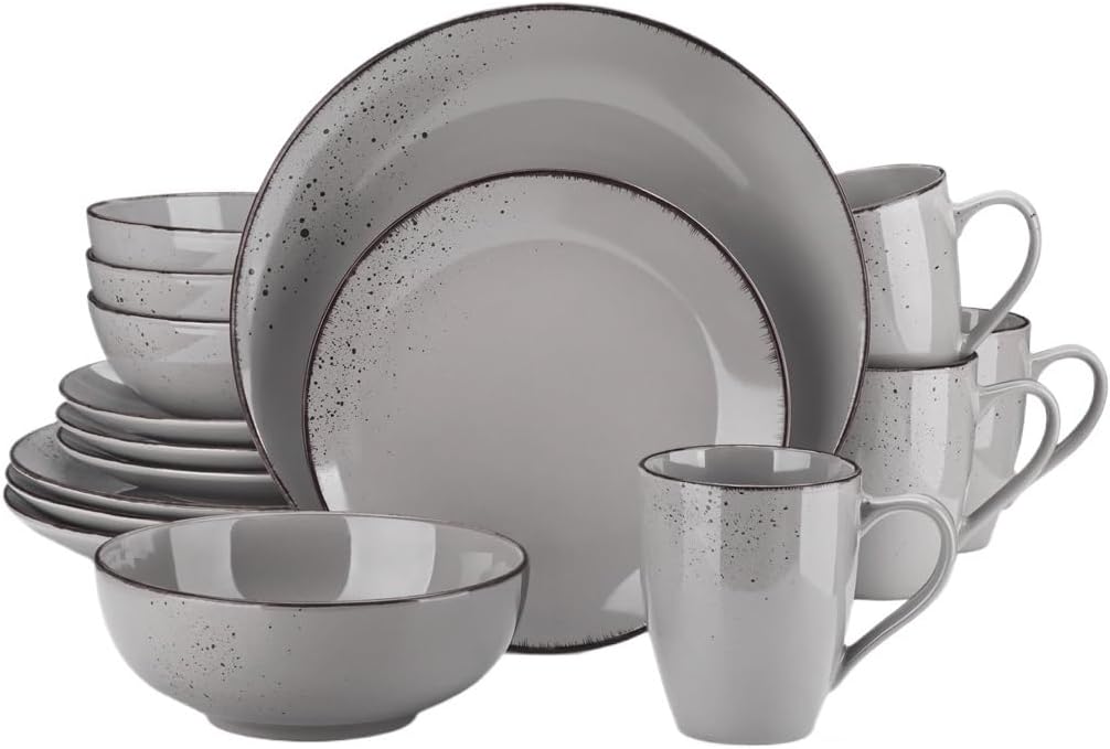 Gray 16 Pieces Ceramic Clay Flatware Set with Dinner Plate Dessert 800 Ml Bowl Mug
