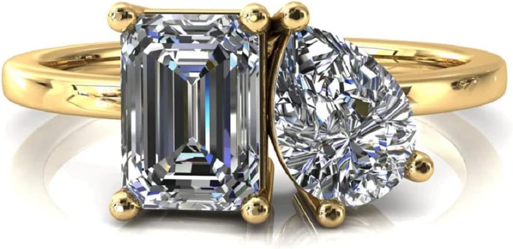 Emerald & Pear Cut Toi Et Moi Moissanite Engagement Rings for Women | Wedding Ring Her | Bridal Sets | Solitaire Vintage Antique Unique Anniversary Promise Gifts