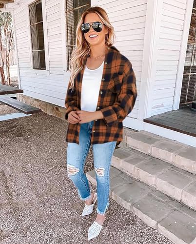 Imily Bela Bluse Damen Kariertes Longbluse Casual Langarmshirt Flanellhemd Karohemd Knöpfen Longsleeve Oberteile.Orange.L