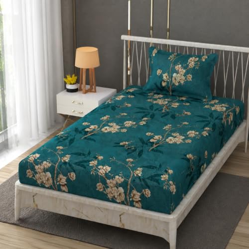 Image of Vram Premium Heavy Cotton Elastic Fitted Bedsheets with 1 King Size Pillow Covers || Single Bed with All Around Elastic 350 TC || 36 x 78 x 6 Inch Single Size Fitted || :- Green Flower