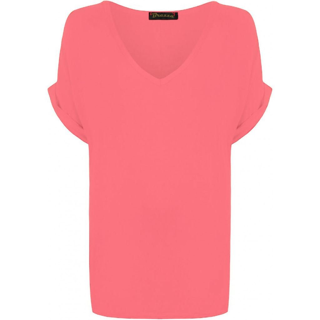 THREADWEAR Women Plain V Neck Turn Up Short Sleeve Baggy T-Shirt. UK 8-26 Coral