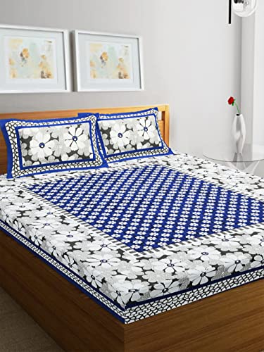 Image of RajasthaniKart Pure 100% Cotton Double Bed Sheet with 2 Pillow Covers (Bedsheet for Double Bed Cotton, Blue,Floral)