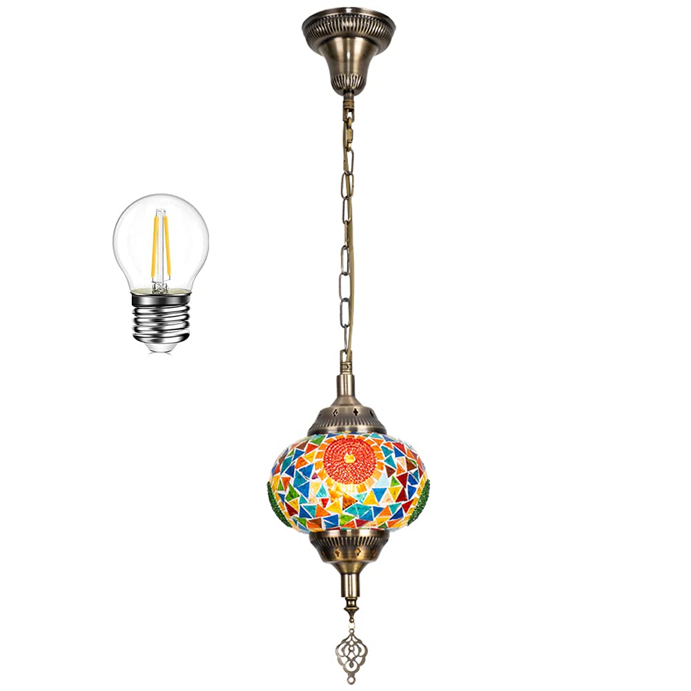 Moroccan Style Chandelier Mosaic Glass Handmade Ceiling Hanging Lamp Uitable For Kitchen Restaurant Cafe Home Decoration E27 Single Head Hanging Lamp Height Adjustable (Sun)