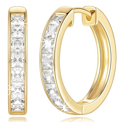 14K Gold Hoop Earrings for Women 14K Gold Earrings Dazzling Square Cubic Zirconia Lightweight Huggie Womens Earring Hoops 13/20/25mm - Main Image