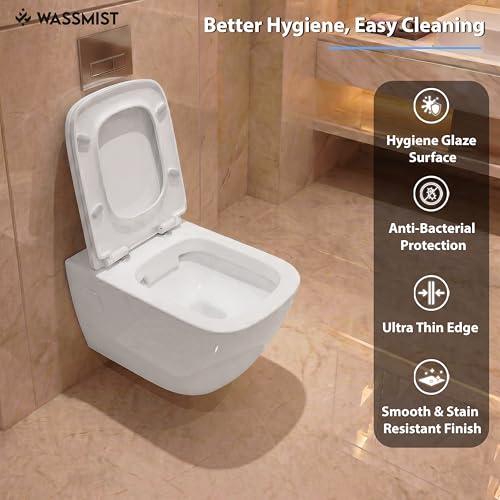 Image of WASSMIST Wall Hung Western Toilet | Rimless Wash Down Ceramic Commode | Modern Space Saving Bathroom WC | Premium Sanitary Ware (White)