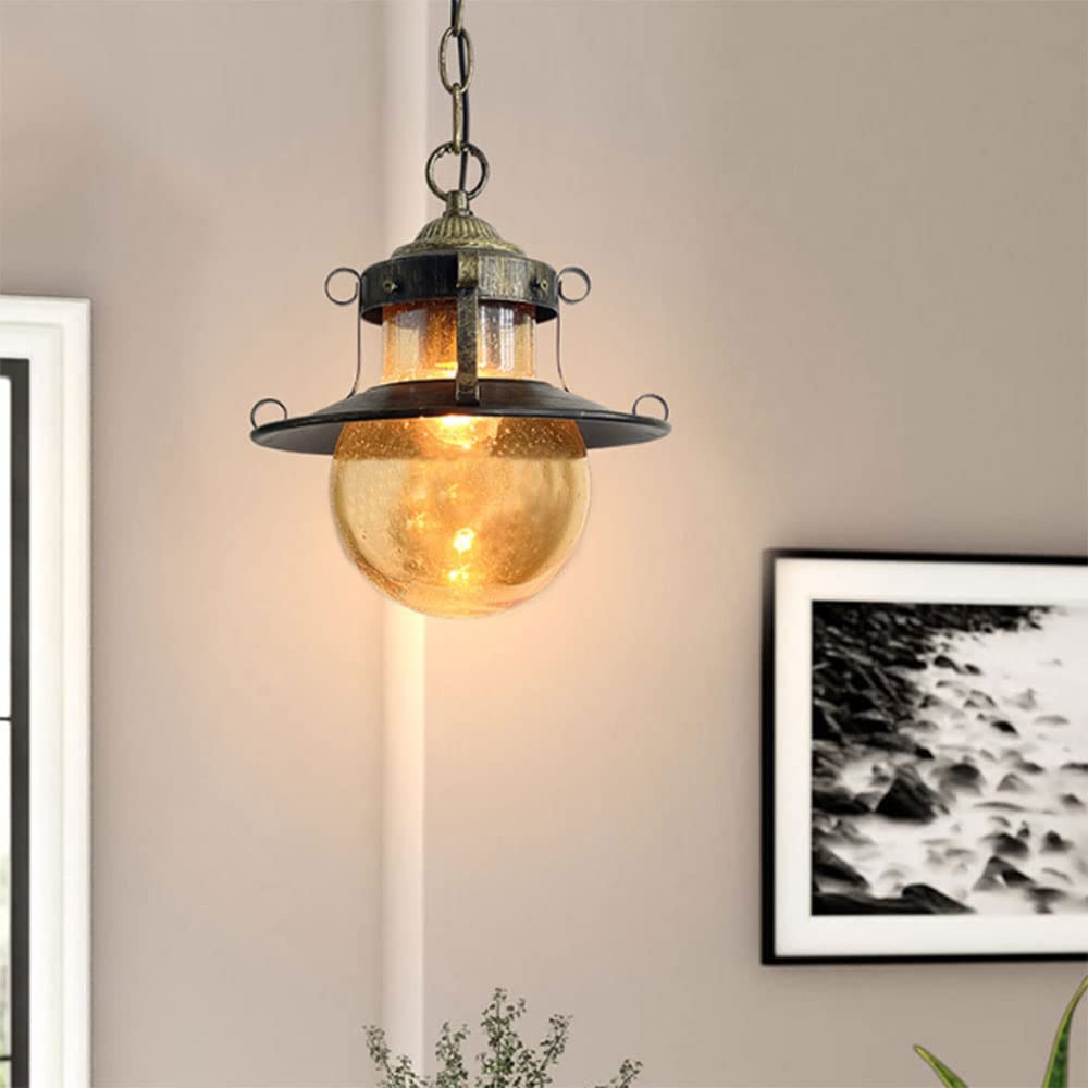 Zewnętrzna lampa wisząca, oprawa ganek z malowanego brązowego metalu z bursztynową szklaną kulą, zewnętrzna wisząca latarnia z uchwytem E27 do altany, wejścia, podwórka