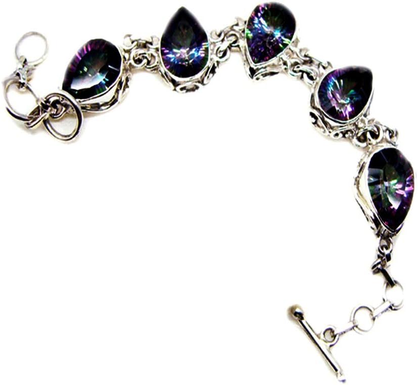 Mystic Quartz Sterling Silver Charm Bracelets for Girls Link Style Toggle Clasps L 6.5-8 Inch