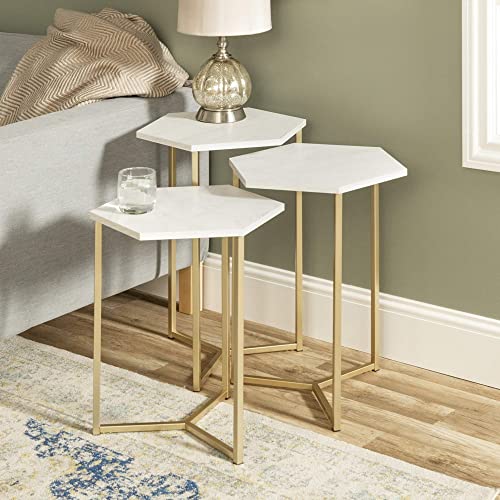 Walker Edison Modern Hexagon Nesting Side End Table Set Living Room Storage Small End Table, Set Of 3, Marble And Gold #TOP3