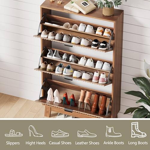 Image of Shoe Cabinet Storage for Entryway with 3 Flip Drawers, Fluted Narrow Shoe Organizer with Wooden Legs, Freestanding Slim Shoe Storage Hidden Shoe Rack Organizer for Front Door Entrance, Hallway, Walnut