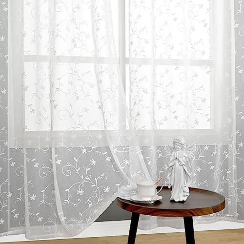 BGment Cortinas traslúcidas florales de 84 pulgadas de largo, cortinas de gasa semitraslúcidas con patrón de flores bordadas blancas, cortinas de