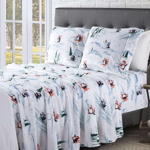 Elegant Comfort Luxuriously Soft 4-Piece Holiday Velvet Plush Flannel Sheet Set - Premium Quality - Cozy Warm, Christmas Fuzzy Velvet Flannel Fleece Deep Pocket Sheet Set - Full, Skiing Penguins