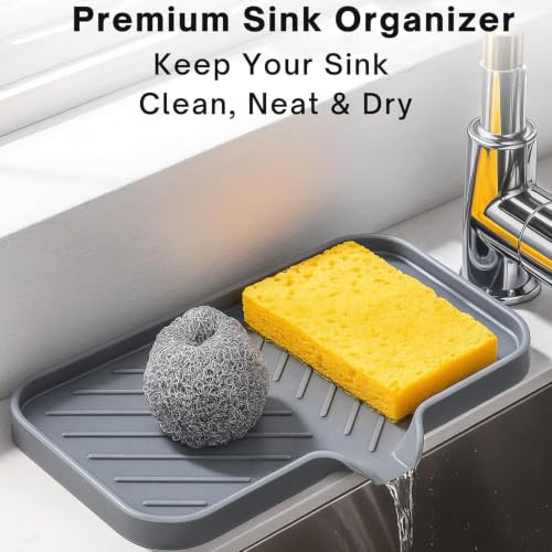 Image of HROY ilicone Kitchen Sink Mat & Organizer - Fast-Drying Faucet Drip Pad | Non-Slip Sink Tray for Soap, Sponge & Scrubber Storage (25 * 13 cm)