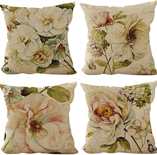sistwon Vintage Flower Throw Pillow Covers Peony Rose Home Decorative Pillow Covers Retro Cotton Linen Square Decorative Cushion Covers, White (pillows-011)