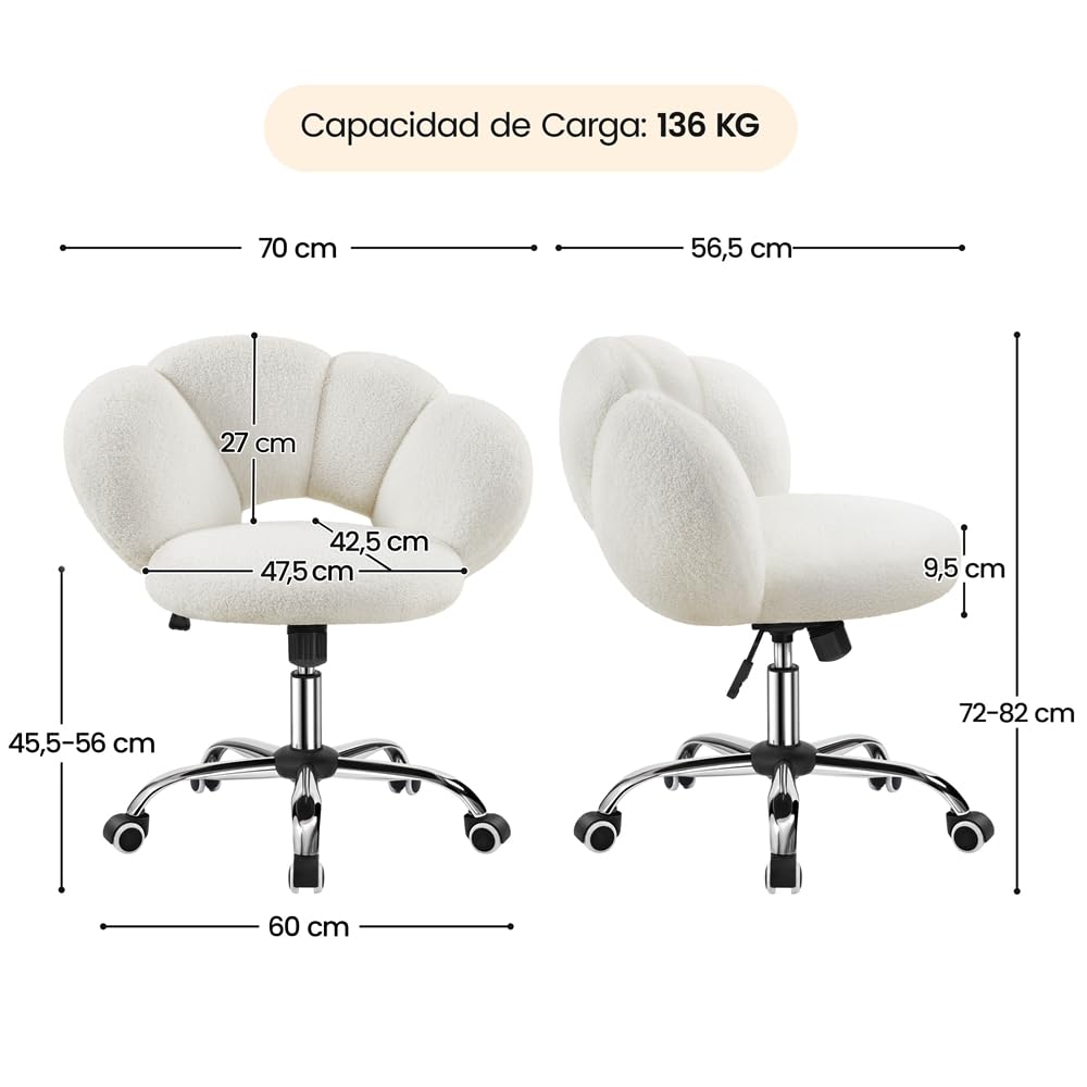 Yaheetech Silla de Escritorio Silla de Oficina Ergonómica sin Brazos Tapizada Blanca con Ruedas Giratorias Respaldo Diseño Nube en Tejido Bouclé Altura Ajustable