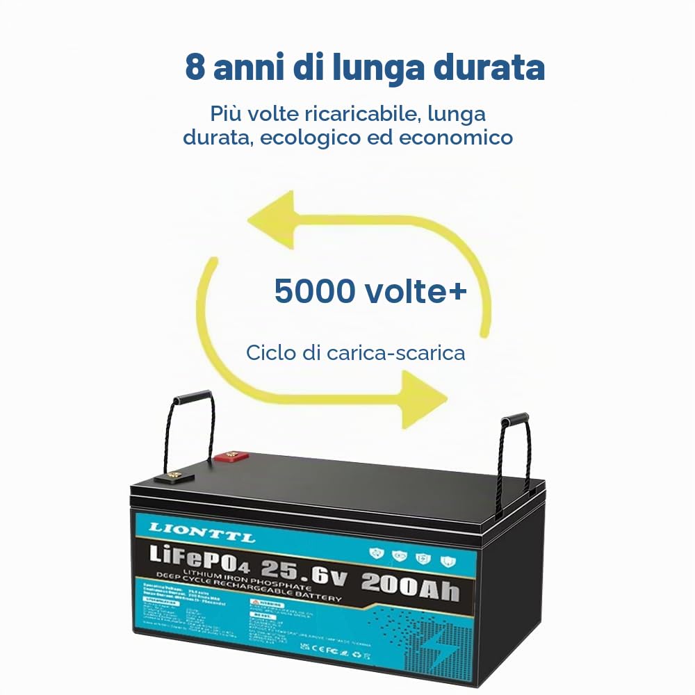 Batterie a lunga durata,Batteria al litio ferro fosfato, 25,6 V 200 Ah, | 5000 cicli di scarica profonda, adatta per sistemi di accumulo di energia, impianti fotovoltaici, campeggio all'aperto, ecc.
