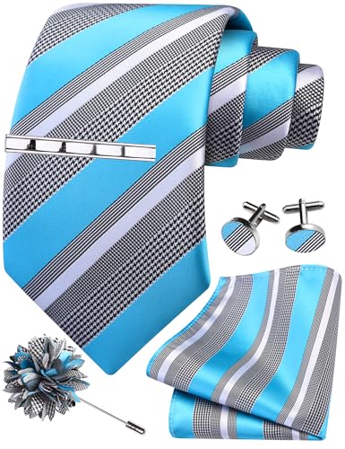 Image of GUSLESON Men's 5-pc Striped Tie Gift Set - Jacquard Necktie, Pocket Square, Cufflinks, Lapel Pin, Tie Clip - Wedding Formal Gifts