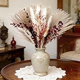 Hapart Fluffy Dark-Red Pampass Grass Decor All-Natural Dried Plant with Eucalyptus Leaves Bunny Tails for Vase Filler Retro Home Livingroom Shop Decor Centerpieces for Tables