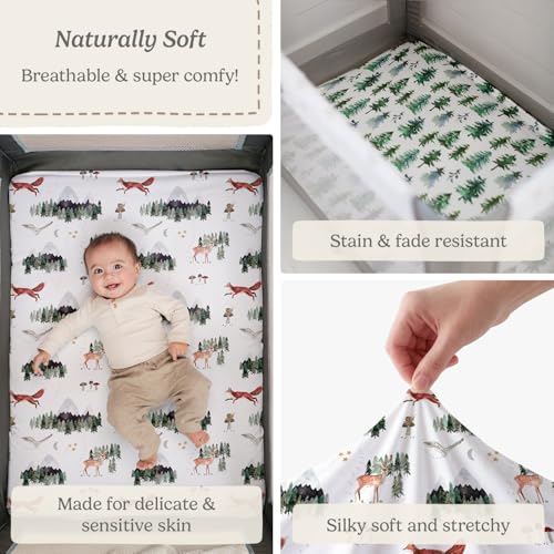 Image of Pack and Play Sheets Fitted, Mini Crib Sheets for Graco Pack N Play Playard (38x26), Ultra Soft Organic Cotton Blend, Safe & Snug Playpen Mattress Sheet for Baby Boys & Girls - Starry Woodland, 2-Pack