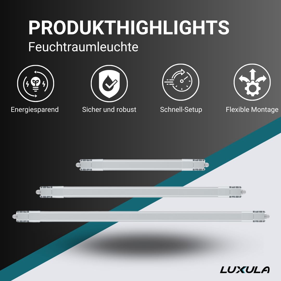 LUXULA 4x LED Feuchtraumleuchte 120 cm, 32W 3680lm, 115lm/W, durchschleifbar, Fast Connector, robuste Wannenleuchte für Garage Keller Werkstatt, gleichmäßige Ausleuchtung, einfache Montage