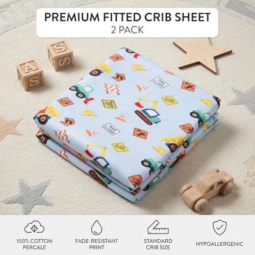 Image of Everyday Kids Baby Boy Fitted Crib Sheet, Under Construction, 100% Soft Breathable Microfiber Baby Sheet, Fits Standard Size Crib Mattress 28in x 52in, Nursery Sheet